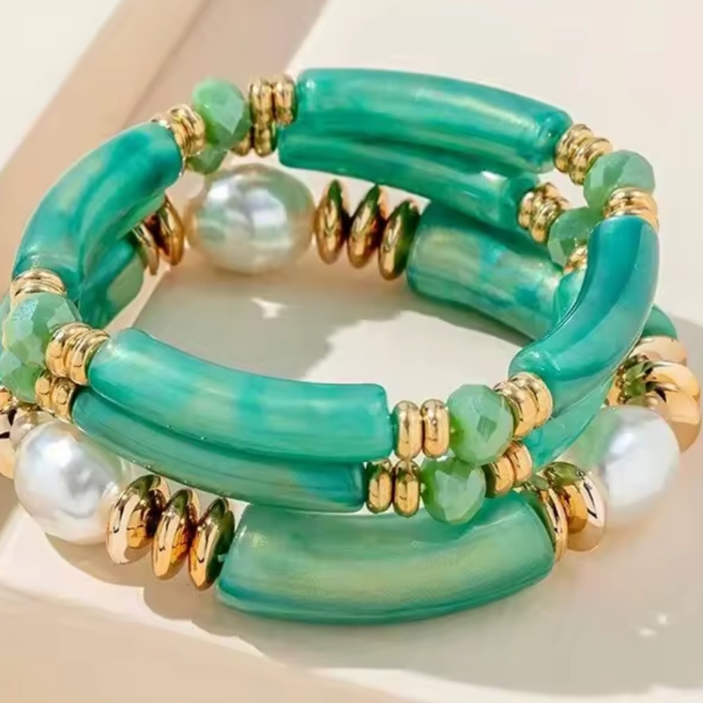3PCS Set Green Vintage Design Resin Elastic Bracelet Bamboo